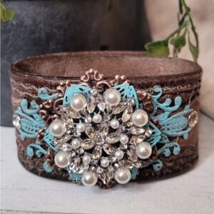 Leather Handmade snap bracelet cuff with shiny jewelry bling.  EUC